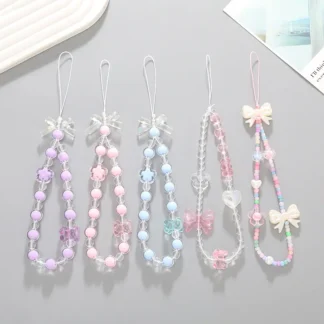 Women Girls Beaded Mobile Phone Lanyard Smartphone Chain Anti-Lost Tellphone Rope Candy Colored Wrist Strap Short Pendant Gifts