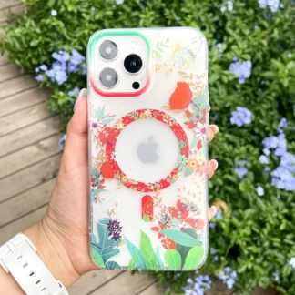 for iPhone 15 14 13 12 11 Pro Max Plus Case IMD Floral Magnetic Wireless Charge Cover for Magsafe Clear Color Camera Frame Shell