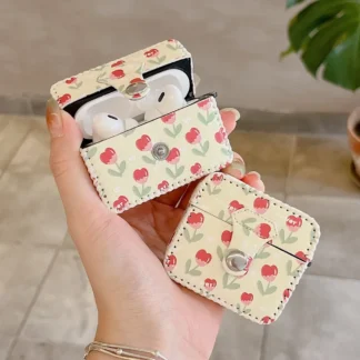 Tulip Flower 2 in 1 Cortex Leather Square Case For Apple AirPods 1 2 3 Protect Earphone Cover with Wrist Strap For airPods Pro 2
