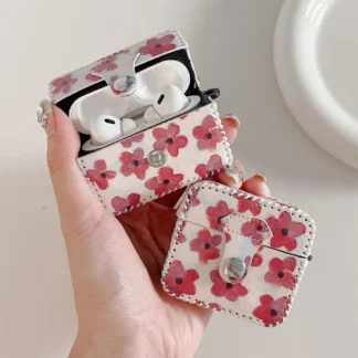 2 in 1 Integrated Leather Red Flower Pattern Earphone Case with Wrist Strap For Apple Airpods Pro 2 1 3 Fresh Flowers Cover Bags