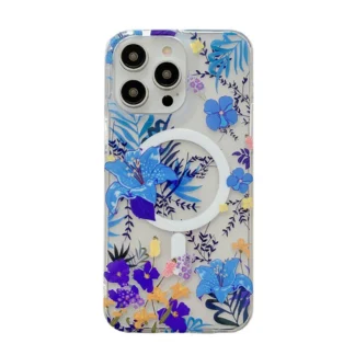 Luxury Clear Flower Pattern Phone Case Magnetic Wireless Charging Magsafe For iPhone 15 14 13 12 Pro Max Plus Plating Soft Cover